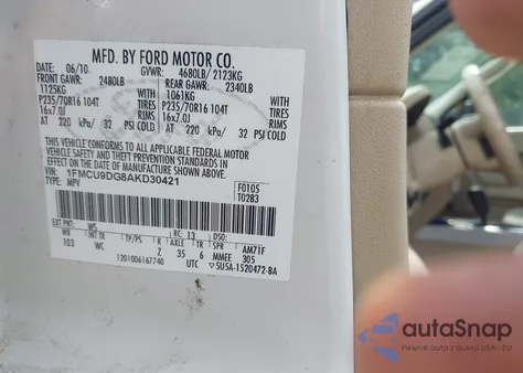 2010 Ford Escape Xlt from USA, damaged, VIN 1FMCU9DG8AKD30421